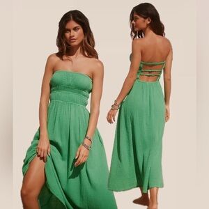 Anthropologie Celandine Strapless Smocked Drop-Waist Maxi Dress Gauze Green NWOT